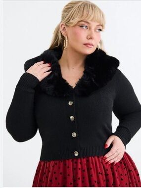 Sioni Black Faux-Fur Collar Button Cardigan Sweater size XL